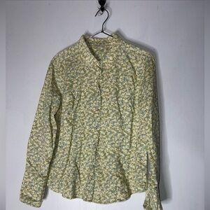 J Jill‎ Medium Corduroy Collar Snap Down Green Blue Daisy Floral Top